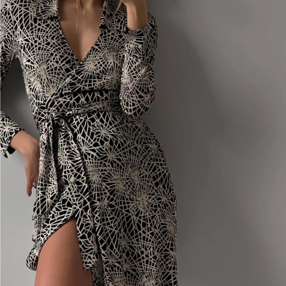 Diane Von Furstenberg Black and White Wrap Dress with Bishop Sleeves